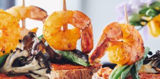 Pintxox of Grilled Shrimp, Mushroom, Leek & Romesco