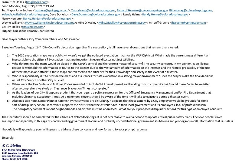 Fire Evacuation Email to Mayor Suthers and Company on Unanswered Questions