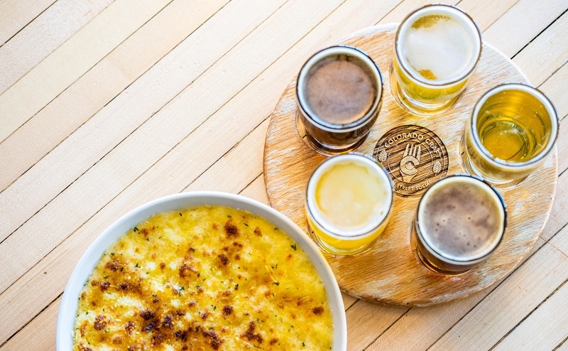 Colorado Craft Social Mac N' Cheese with white Cheddar, elbow pasta and herbed bread crumbs along with craft beer flight