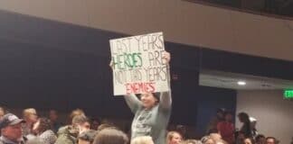 Parent Protesting at Woodland Park School Board Meeting