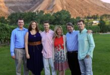 Operations Manager Keenan High (in pink) with his mother Theresa, his father Scott, his brother Matthew, his sister Katie and her husband John at the Colterris Estate Winery in Palisade.