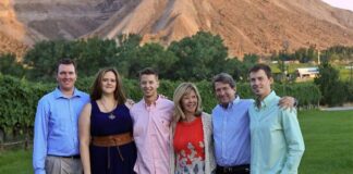 Operations Manager Keenan High (in pink) with his mother Theresa, his father Scott, his brother Matthew, his sister Katie and her husband John at the Colterris Estate Winery in Palisade.