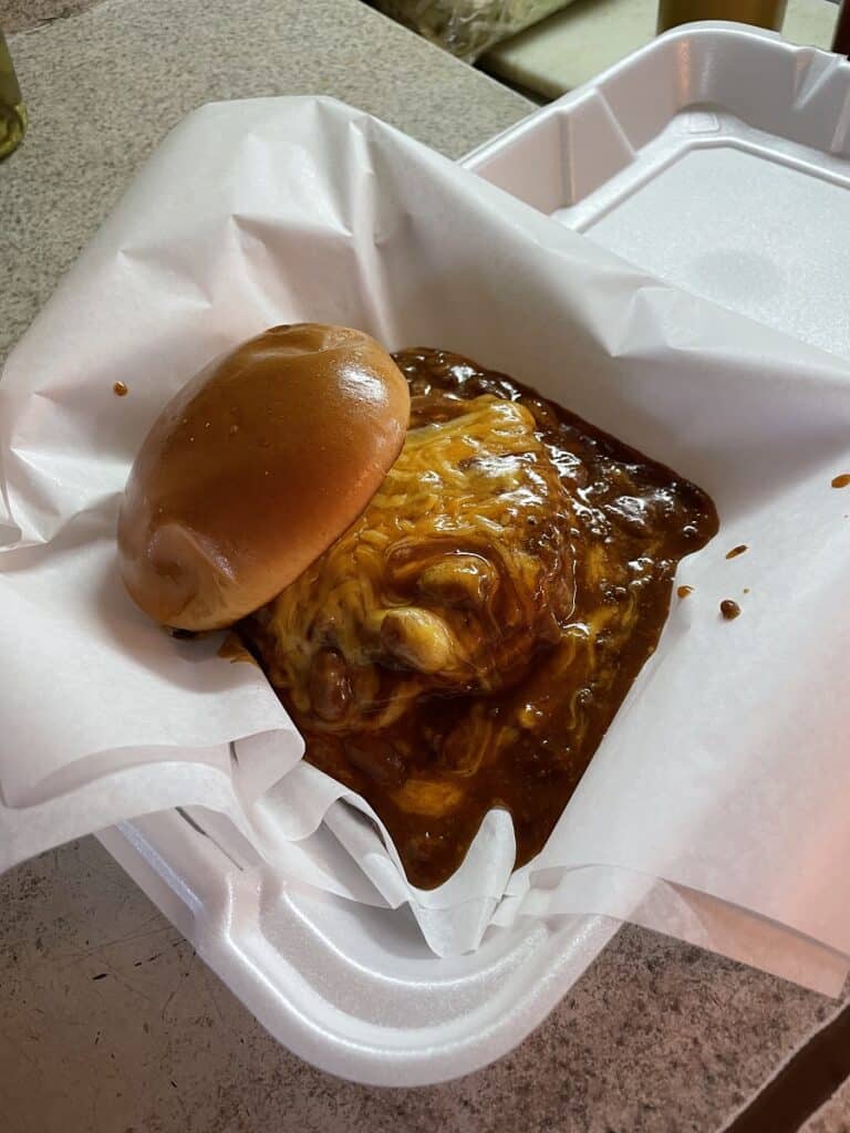 Cy's Drive In A chili burger at Cy's Drive In Restaurant in Colorado Springs.