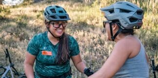 Certified Coach Natalia Pulido teaching at a COMBA Mountain Bike clinic for Latinas.